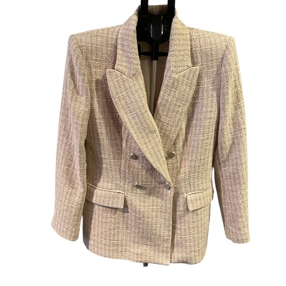 ZARA TWEED DOUBLE BREASTED LIGHT PINK WITH SILVER METALLIC THREAD SIZE XL - Picture 1 of 8